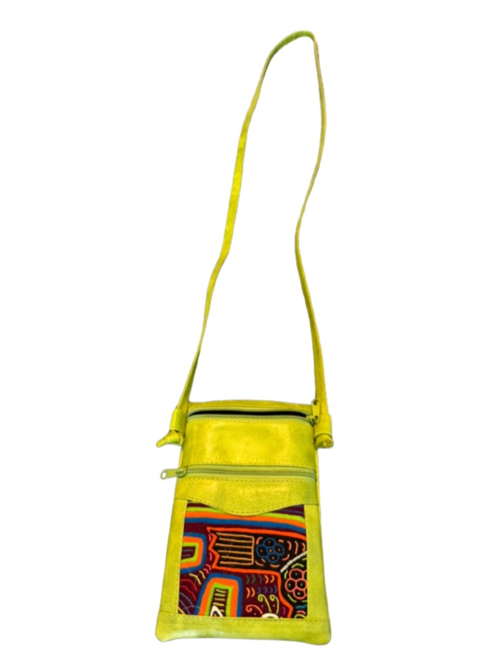 Chartreuse Crossbody Wallet Bag with Colorful Front Panel Made in Colombia